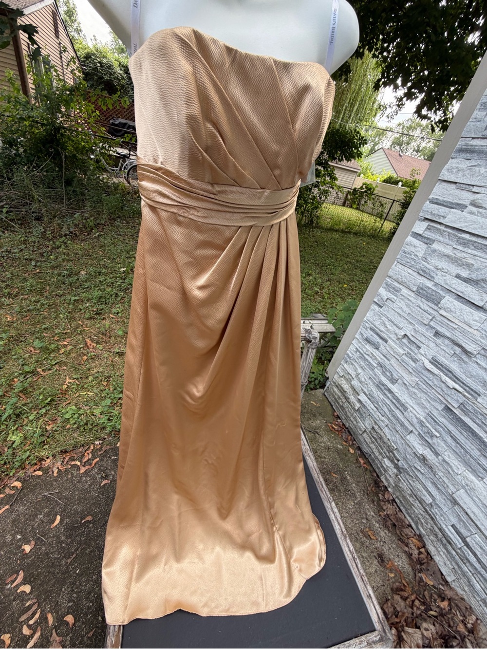 David's Bridal Strapless Satin Gown in Champagne Gold